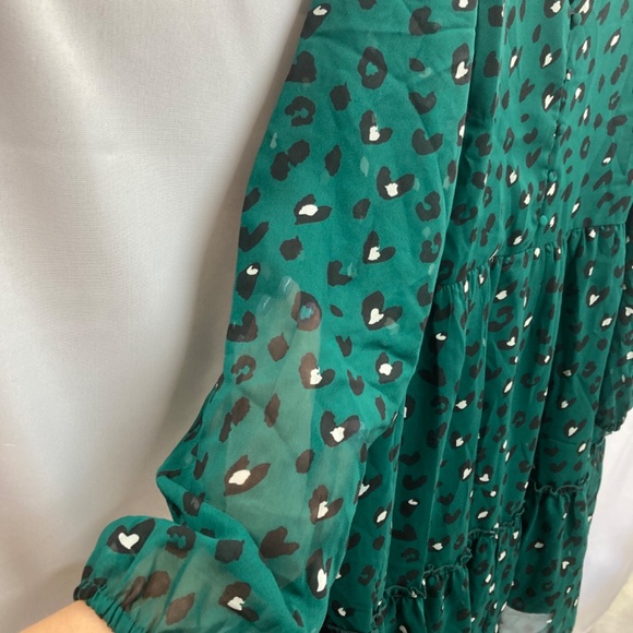 Studio Untold Green Longsleeve Dress Heart Animal Print Tiered Ruffle 24 - Picture 6 of 8